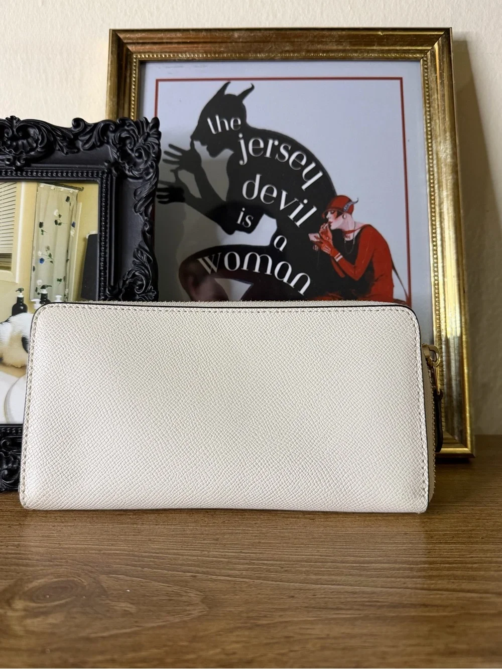 Coach Cream Zip-Around Leather Wallet with Gold Logo